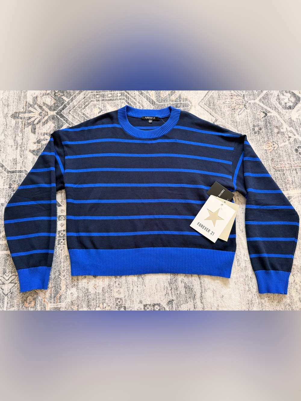 Forever 21 Women’s Navy and Blue Striped Crewneck Sweater Size L